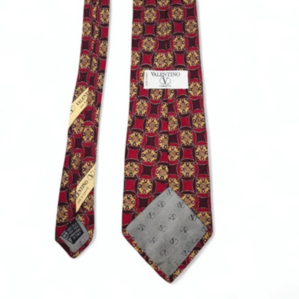 Vintage Valentino V Silk Necktie Geometric Medallion Burgundy Gold Made Italy OS - Picture 2 of 3